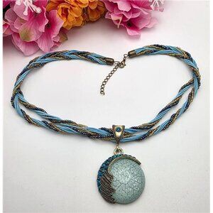 Celestial Crescent Moon Statement Necklace Blue Crackle Glass Pendant Boho 20"